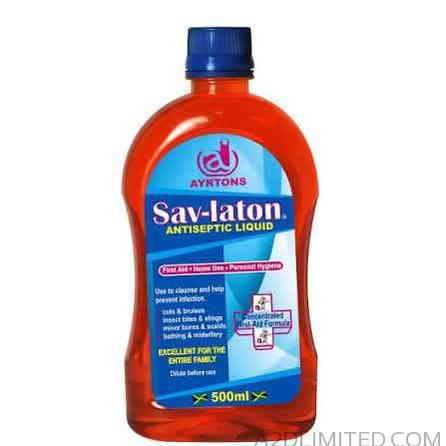 A bottle of Sav-laton Antiseptic Liquid on a white background